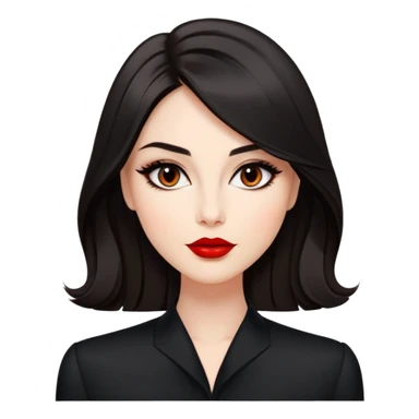 Respected actress with fair glowing skin, voluminous dark straight hair with slight waves at ends, almond eyes with refined eyeliner, defined features, red lips, black elegant outfit, poised professional expression sticker