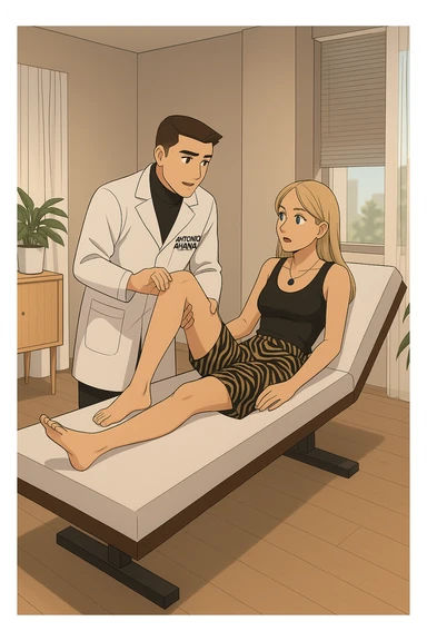 fai un webtoon/manga a colori con questo kinesiologo in camice bianco (fagli la scritta "ANTONIO ANANIA" SUL CAMICE) CHE SVOLGE UN TEST NEUROMUSCOLARE SOLLEVANDO UNA GAMBA ALLA RAGAZZA CHE è STESA SU UN LETTINO BIANCO. STANZA SEMPLICE E MODERNA, DURANTE IL TEST I DUE DIALOGANO TRA LORO. NON FARE I FUMETTI, FAI SOLO LORO COME SE DIALOGASSERO sticker