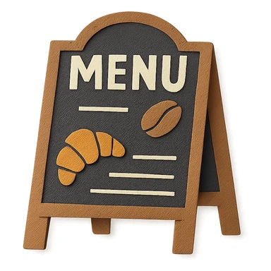 small café chalkboard menu with coffee bean and croissant doodles, hand-drawn pastel sticker