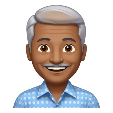 50 yr old indian man, dark skin, grey hair, big smile, white teeth, chubby, no moustache, clean shaven, young style hair, hair brushed back, 5 oclock shadow, dot on forehead, dress shirt sticker