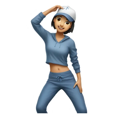 Asian girl dancing in sweat pants on top of a table wearing ball cap sticker