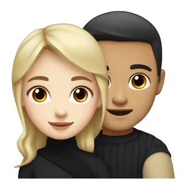 Blonde girl with blue eyes in black sweater and an east asian with light skin man with black hair and black eyes hugging sticker