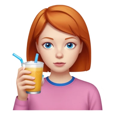ginger woman short hair, pink shirt, sipping energy drink blue eyes cosy  sticker