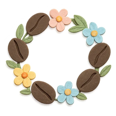 coffee bean floral wreath with small flowers, hand-drawn pastel design sticker