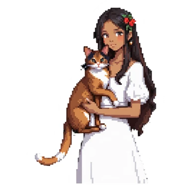 beautiful girl with long black hair wearing a white dress holding an Abyssinian cat with reddish-brown fur in her arms sticker