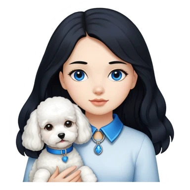 A girl with long black hair holding a bichon with a blue collar sticker