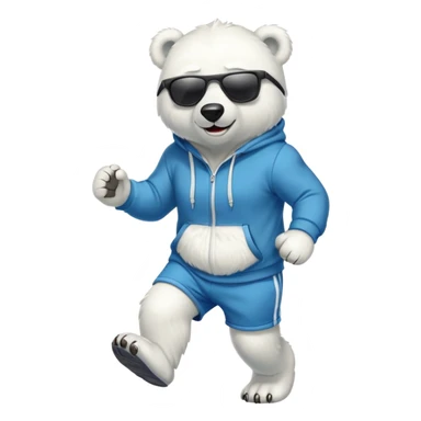 friendly anthropomorphised polar bear jogging upright wearing a hoodie and shorts, dark sunglasses sticker