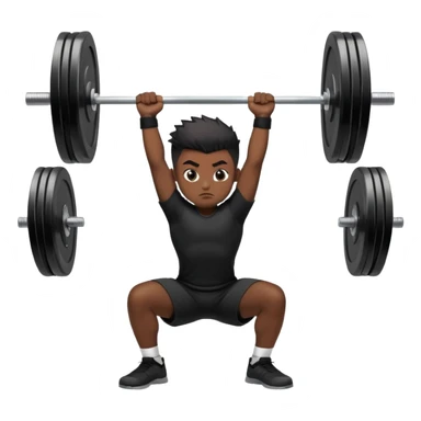 A boy with dark skin, black color front spike hair and wearing a black shirt is doing an overhead squat with a lot of weight on the barbell sticker