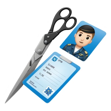 Floating black Scissors cutting in half an idf soldier ID card with a little chip in 2 parts sticker