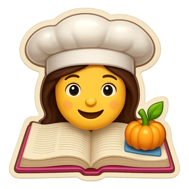 A woman chef with a chef hat on top of a cookbook, in vibrant colors and clear details, emoji style with no background. sticker