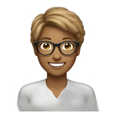 white whoman brown hair with rounded glasses with a big smile sticker