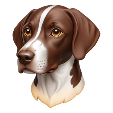 Cinematic German Pointer Portrait Emoji, Elegant and alert, sleek brown and white tones, Simplified yet sharp features, highly detailed, glowing with a warm, confident glow, high shine, intelligent and poised, stylized with an air of grace, focused and attentive, soft glowing outline, capturing the essence of agility and loyalty, so lifelike it feels as though it could spring into motion at any moment! sticker