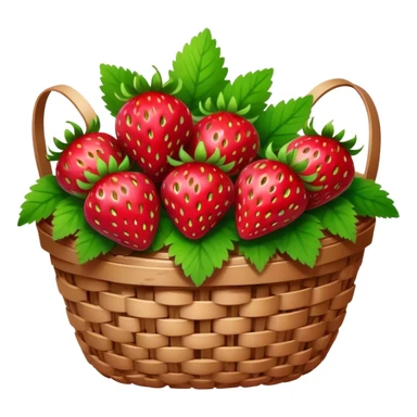 Cinematic ripe strawberrie, deep red, glossy with tiny seeds, green leaves still attached, gathered in a rustic basket, warm glowing background, fresh and sweet. sticker