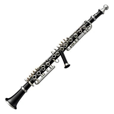 Create a sleek and professional emoji representing a black standard clarinet. The design should feature a smooth, glossy black body of the clarinet with shiny, silver keys clearly visible. Highlight the intricate details of the mouthpiece and reed at the top, while the body of the instrument should remain simple and elegant. Add subtle musical notes or soundwaves floating around the instrument to symbolize its clear, melodic sound. Use black for the body, silver for the keys, and soft lighting effects to give the instrument a polished, sophisticated look. The background should be transparent. sticker