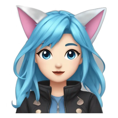 anime girl, fox ears, blue eye, blue hair, pink hair, Black jacket sticker