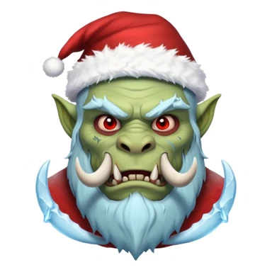 Fantasy orc emoji portrait, Santa Claus hat stretched around tusks, tusks covered with ice and crimson frost cracks, cold predator expression, winter hunt atmosphere, minimal clean emoji design, male/female variant
 sticker