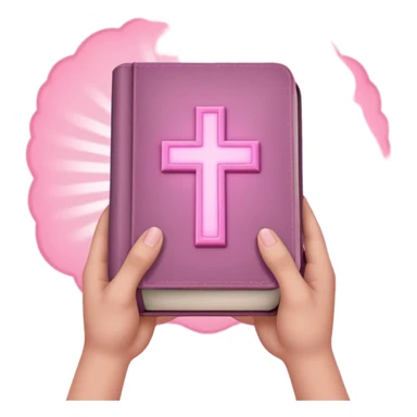 emoji hands holding a monochromatic pastel pink glowing bible sticker