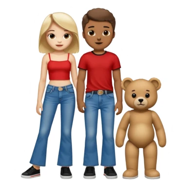 A boy and a girl teddy bear for the boy bear put on true religion shirt and jeans with black shoes and for the girl put flare jeans and a red tube top and white shoes sticker