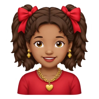 Brownskin girl dark brown hair fluffy. pigtails with red bows brown eyes smiling closed mouth red shirt gold esrrings gold necklace sticker