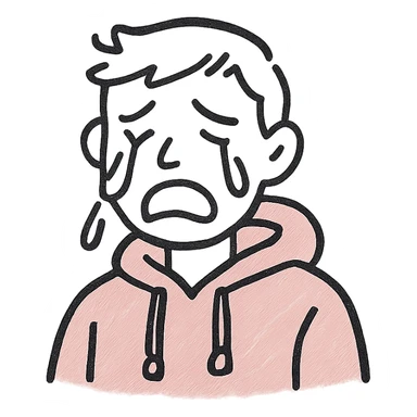 crying guy in a pink hoodie, hand drawn black outline style sticker