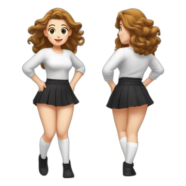 alistic-full-body-caucasian-curvy-beauty-jumping-short black-skirt-back-and-front-views-strong-wind-knickers-long-white-socks sticker