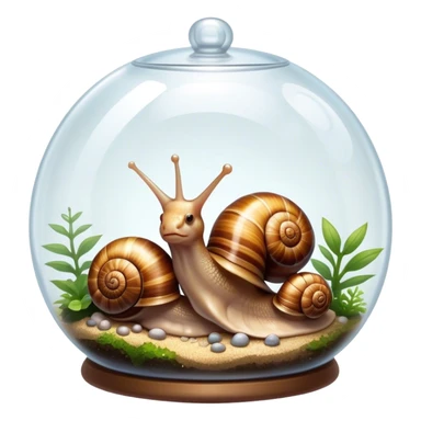 Close-up of large home snails inside a terrarium, showcasing their soft, spiral shells and glistening bodies, with a gentle light highlighting their details. Transparent background. sticker