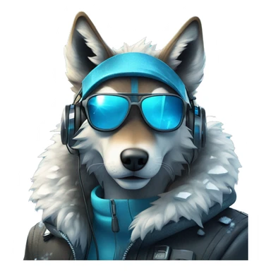 A beautiful cyberpunk Wolf on blue ice and snow around wearing sunglass and headphones sticker