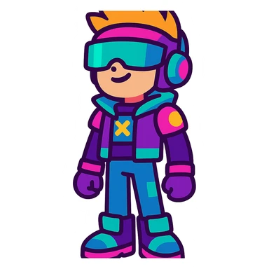 PK XD character, futuristic outfit, bright colors, cartoon style sticker