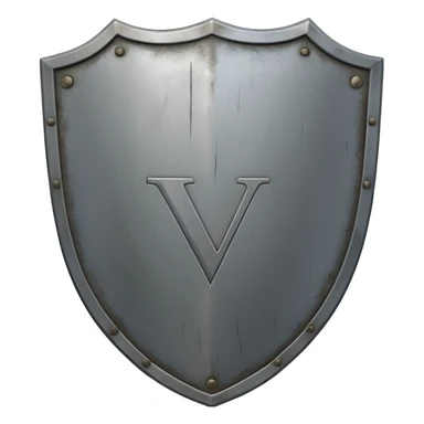 a steel shield with engraved roman letter NOVUS—looks battle worn sticker