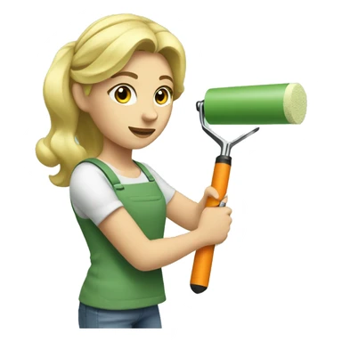 Blonde girl painting a wall sage green using a paint roller  sticker