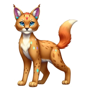 Vibrant multicolored Falvie-Fionbri-Bobcat-Caracal-creature-sparkle-feline-fursona, full body sticker