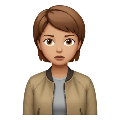 a woman with a brown short hair, looking at the left, frustrated, wearing a trendy jacket, only upper body, high quality sticker