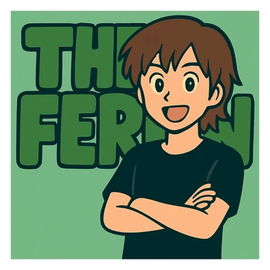 Edit the anime man to wear a black t-shirt with no jacket, standing in front of green bubble letters that say 'The Fern'. Keep his medium-length brown hair and expressive anime face. Maintain a playful, bold vibe in the style of the original image. sticker