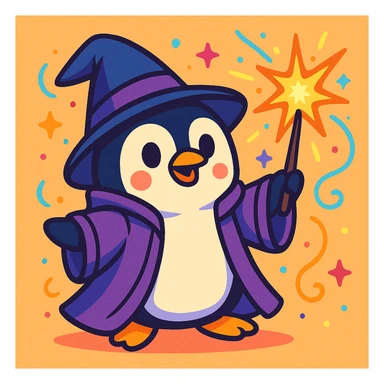 a cute penguin wizard casting a spell, wearing a robe and holding a wand, in a colorful cartoon style sticker