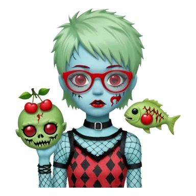 White hair, Ghoulia yelps monster high doll in scene/emo style cherry print dress with fishnet sleeves, clothes, thin, small, red, rectangle glasses, pale white-blue skin, pale-green shaggy short hair , zombie scars , boy, punk choker sticker