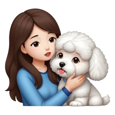 Asian girl with long brown hair kissing one white bichon sticker