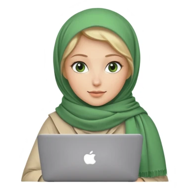 blond women skine , with green eyes , with scarf hijab ,dont show hir hair, with macbook sticker