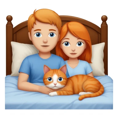 Blue eyed man and brown eyed girl laying in bed with orange cat sticker