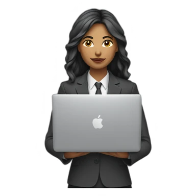 Indian woman with layered hair wearing suit typing on a MacBook sticker