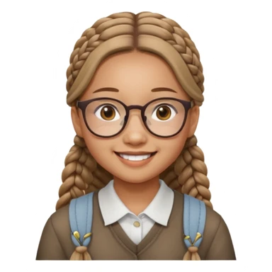 Asian girl, 14, long light brown braids, square glasses, smiling widely sticker