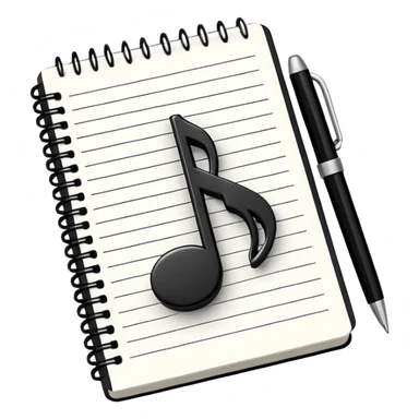 Minimalistic flat vector icon, iOS style, thin black contour on white background. Small notebook with a musical note on the cover, a pen placed next to it. Clean, modern, no text, no shadows. sticker