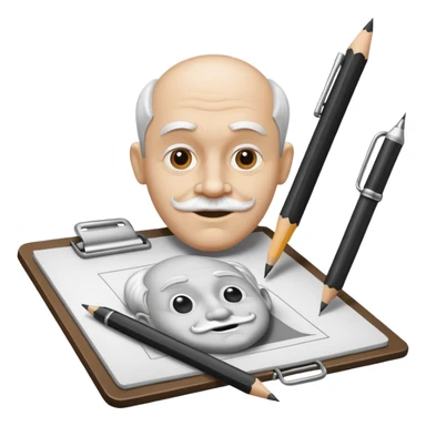 Create an icon representing the process of creating a black-and-white caricature. Include a pencil, a sketchpad with a humorous, exaggerated figure, and inking tools. Use bold lines and shading, with a transparent background. sticker