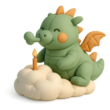happy dragon blowing out 1 candle on cloud cake, cushion style sticker