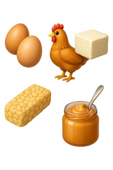 EMOJI STILE IPHONE DI
 uova, pollo, tofu, tempeh, burro di arachidi
, fluttuano in aria REALISTICA 4K sticker