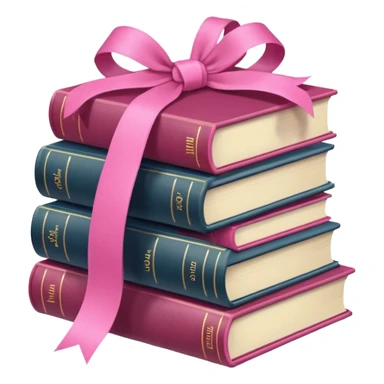 several stacked books with a pink ribbon around, Apple emoji style, pink details sticker