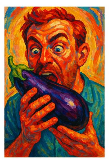 man eating a big eggplant, style 2 sticker