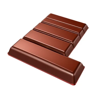 3D chocolate bar, half unwrapped in shiny red and silver foil, smooth and glossy chocolate surface with visible square segments, rich brown color, minimal and clean design, no face or branding, soft shadows, high-quality render, isolated on a white background sticker
