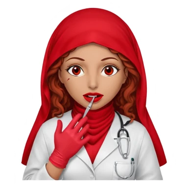 Lilith scalpel in hand, evil surgeon sexy surgeon clothes.  She has red eyes. She brown long curly hair. Wears sexy doctor outfit with red gloves. Covers mouth neck and nose with red burka to hide her identity sticker