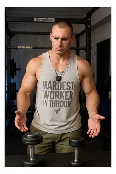 Realistic vertical image of a muscular man in a gym, with face and physique identical to the reference photo. In front of him are two dumbbells of different weights, expression undecided and focused, gaze evaluating which to choose. Gym atmosphere, detailed and realistic. sticker