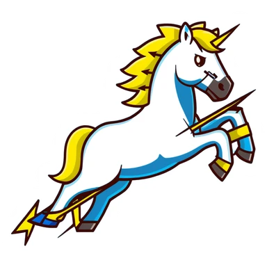 yellow fast electric horse made of electricity, bolts, visible yellow wires, lightning, blue electricity, dynamic galloping pose sticker